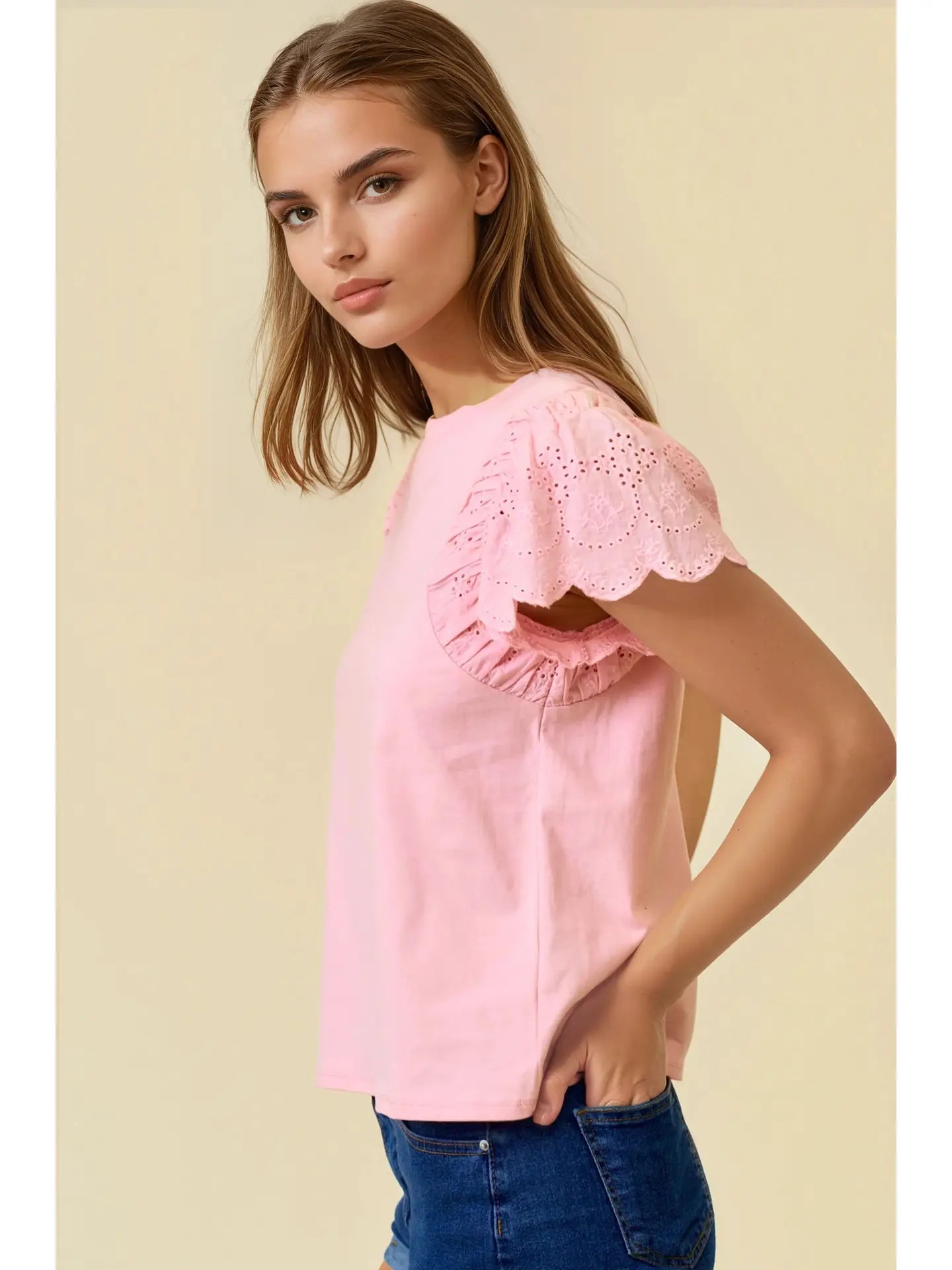 Ruffled Eyelet Short Sleeves Top