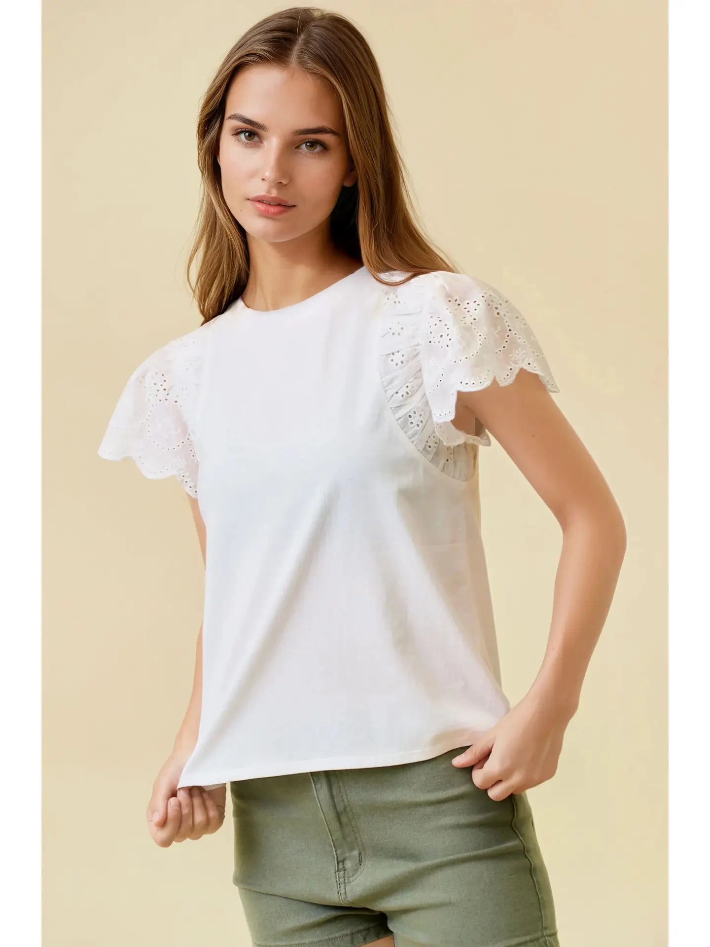 Ruffled Eyelet Short Sleeves Top