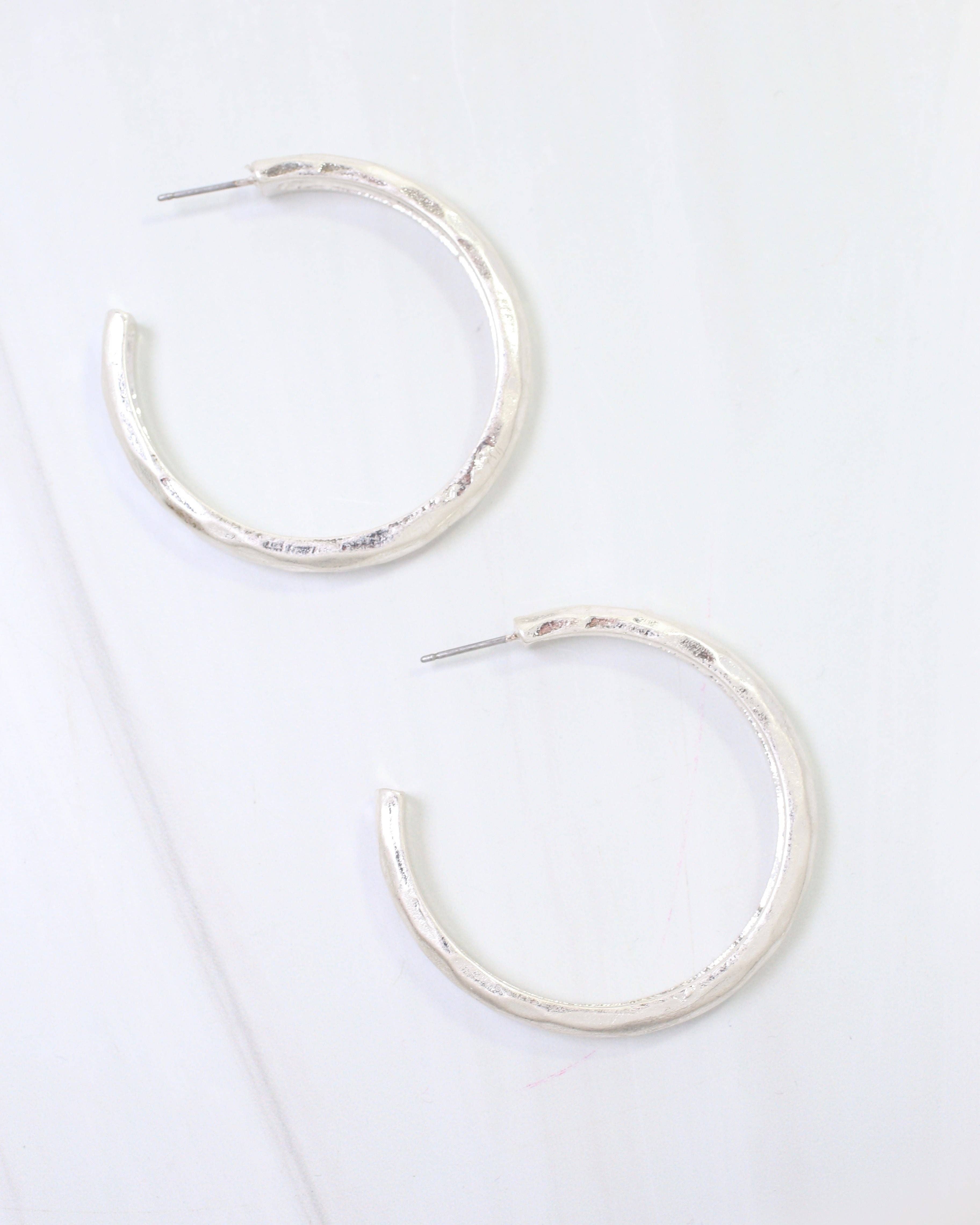 Hyde Park Hammered Hoop Earring Worn Silver