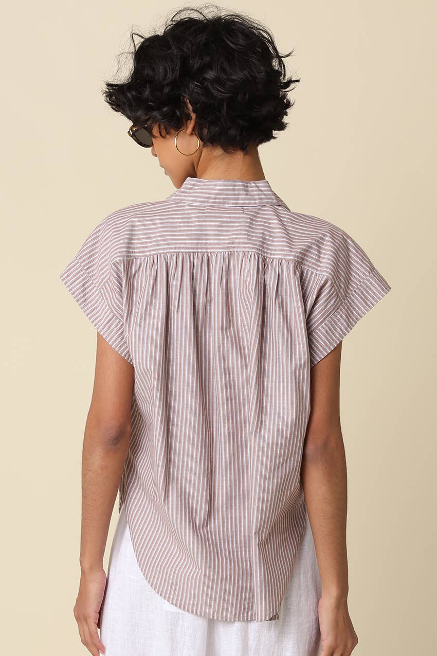 Brielle Striped Flutter Sleeve Blouse: Brown / Contemporary