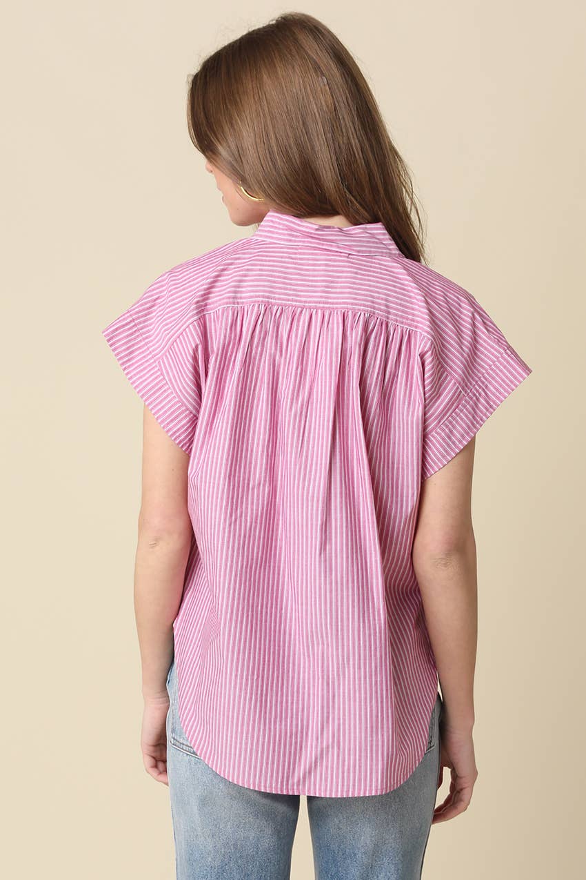Brielle Striped Flutter Sleeve Blouse: Pink / Contemporary