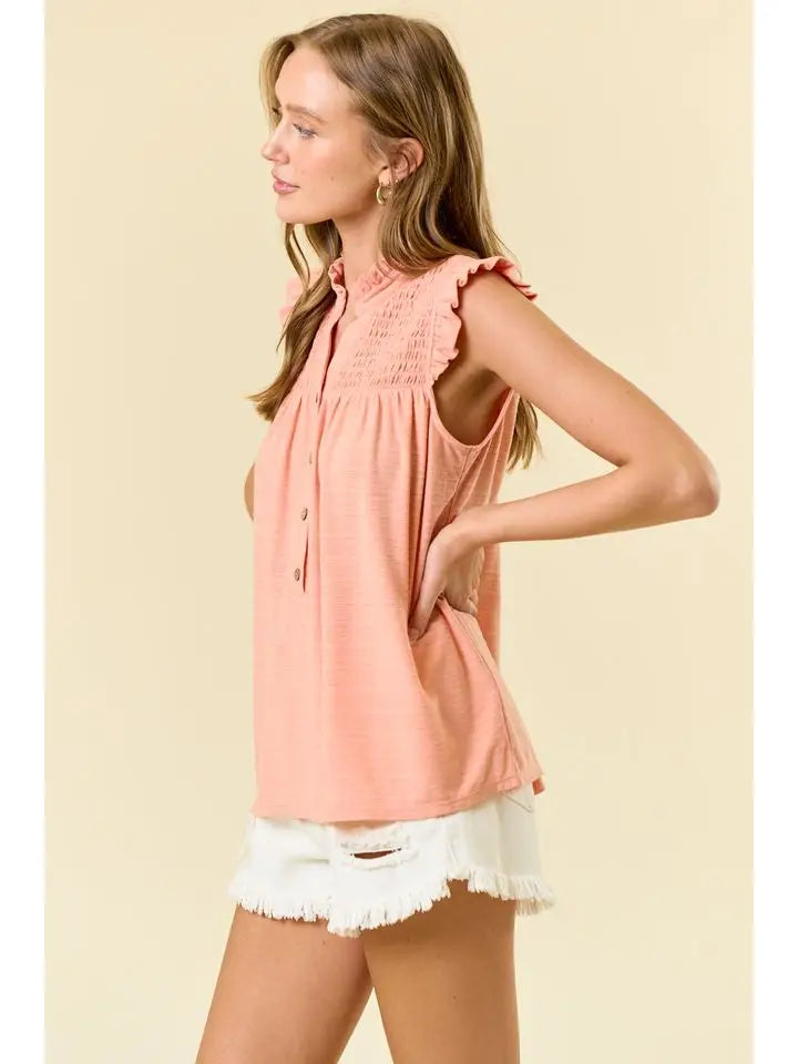 Texture Knit Ruffle Collar Split V-Neck Smocked Yoke