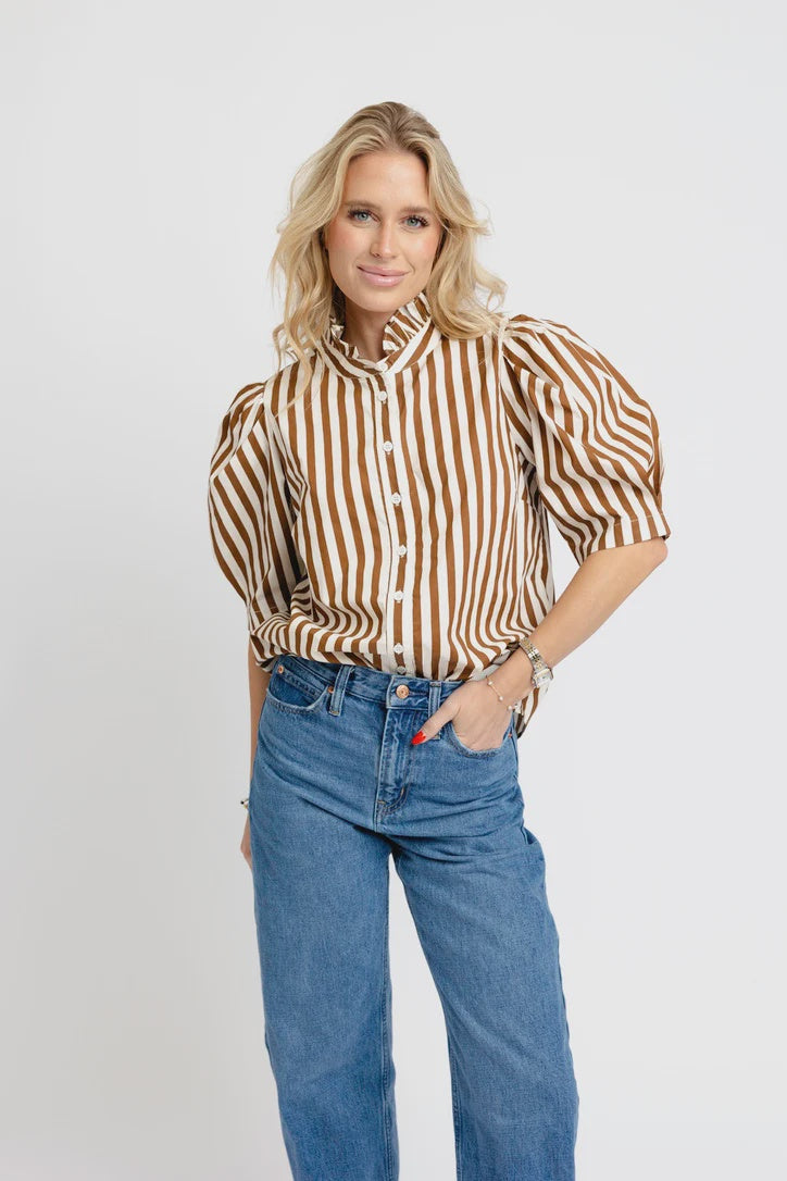STRIPE RUFFLE NECK BUTTON UP TOP