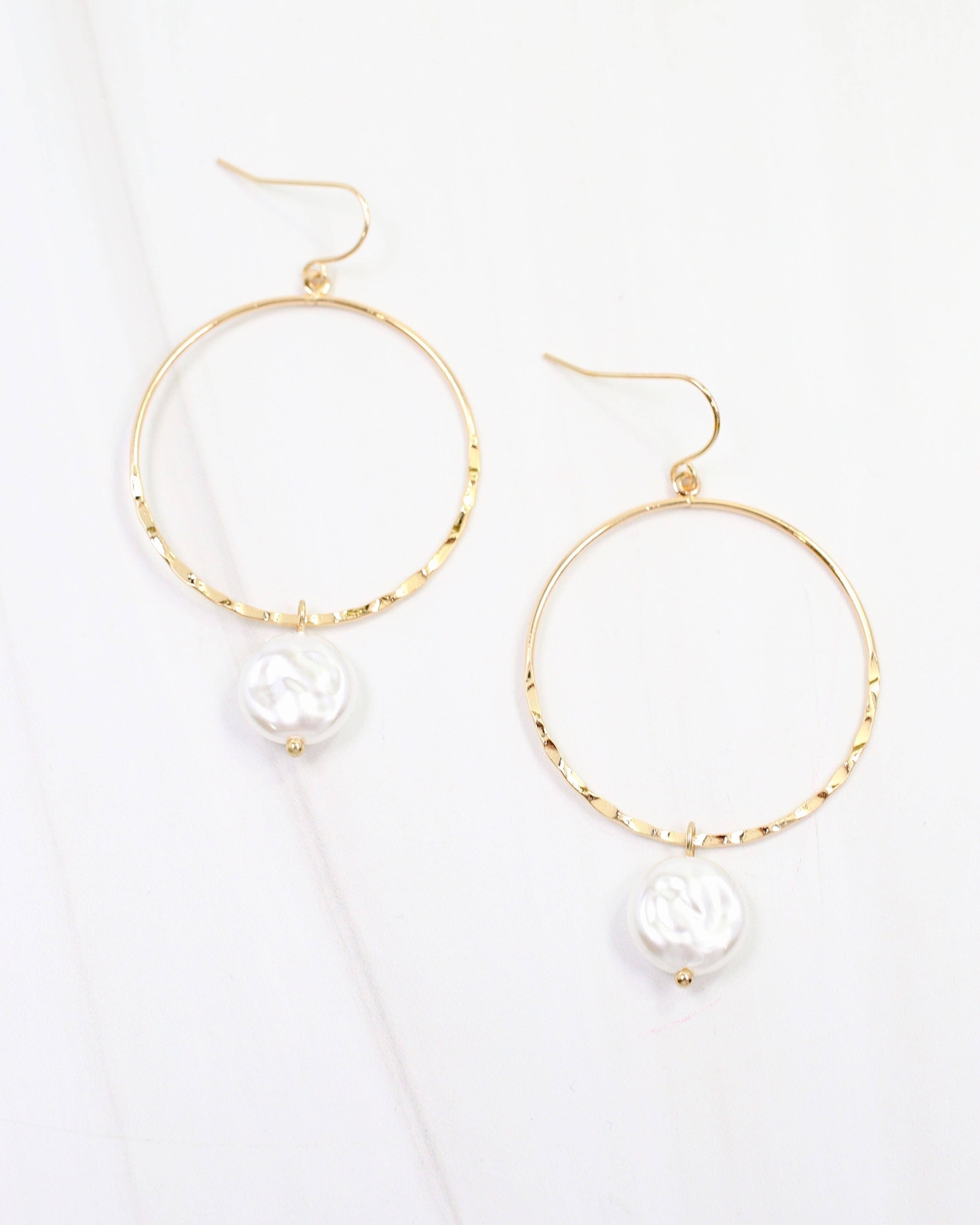 Hobart Thin Hoop Earring with Pearl Gold