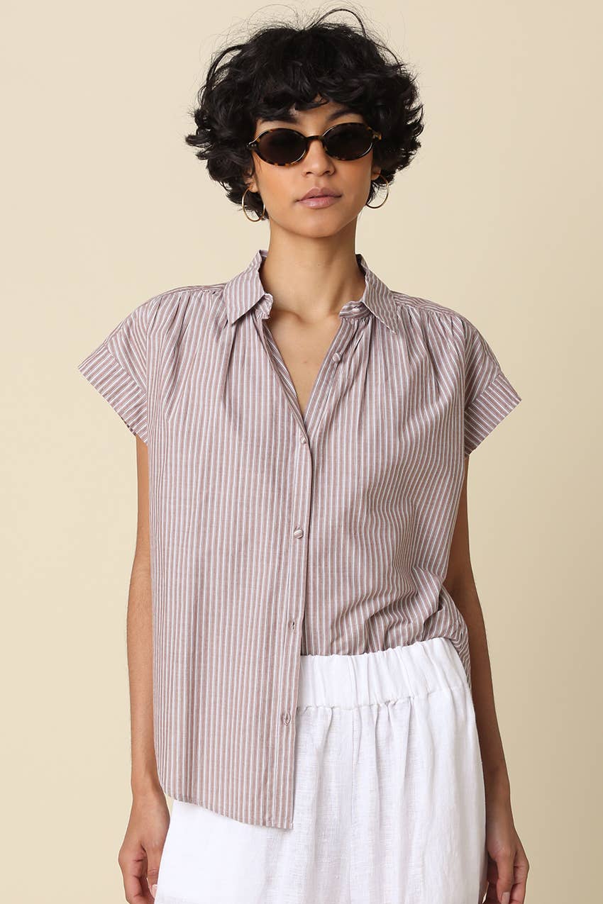 Brielle Striped Flutter Sleeve Blouse: Brown / Contemporary