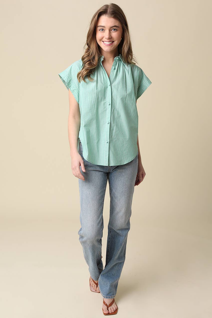 Brielle Striped Flutter Sleeve Blouse: Brown / Contemporary