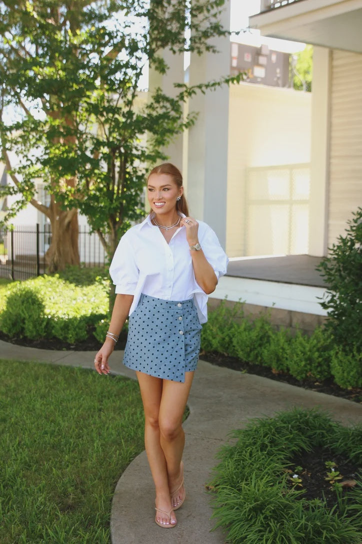 Solid Poplin Puff Slv Button Top