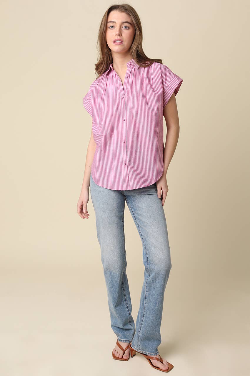 Brielle Striped Flutter Sleeve Blouse: Pink / Contemporary