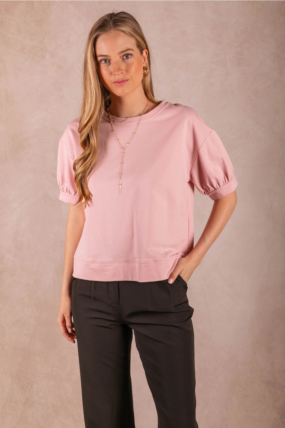 Round Neck Short Bubble Sleeve Top