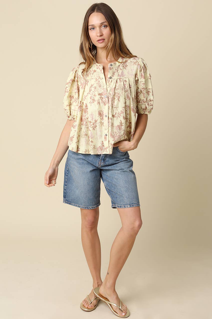 Alina Floral Puff-Sleeve Top: Pale Yellow / Contemporary