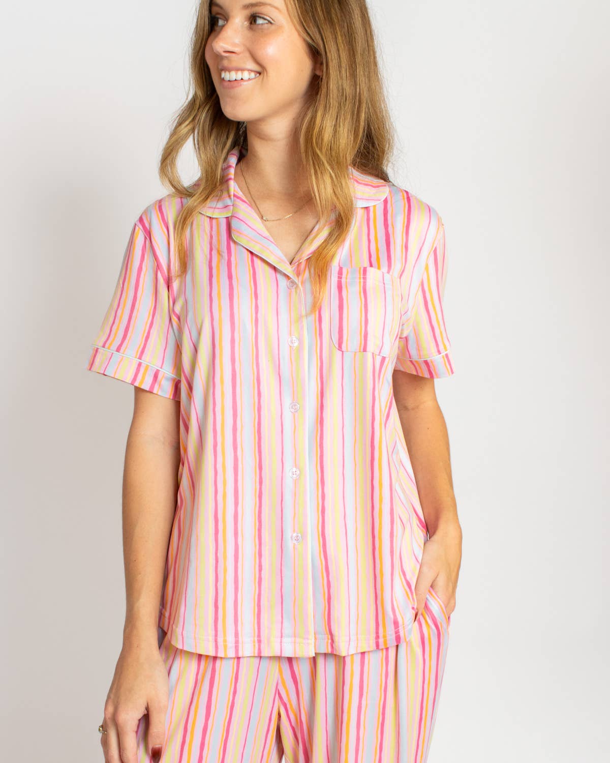 Addie Stripe Short Sleeve Button Up Sleep Shirt Pink/Multi