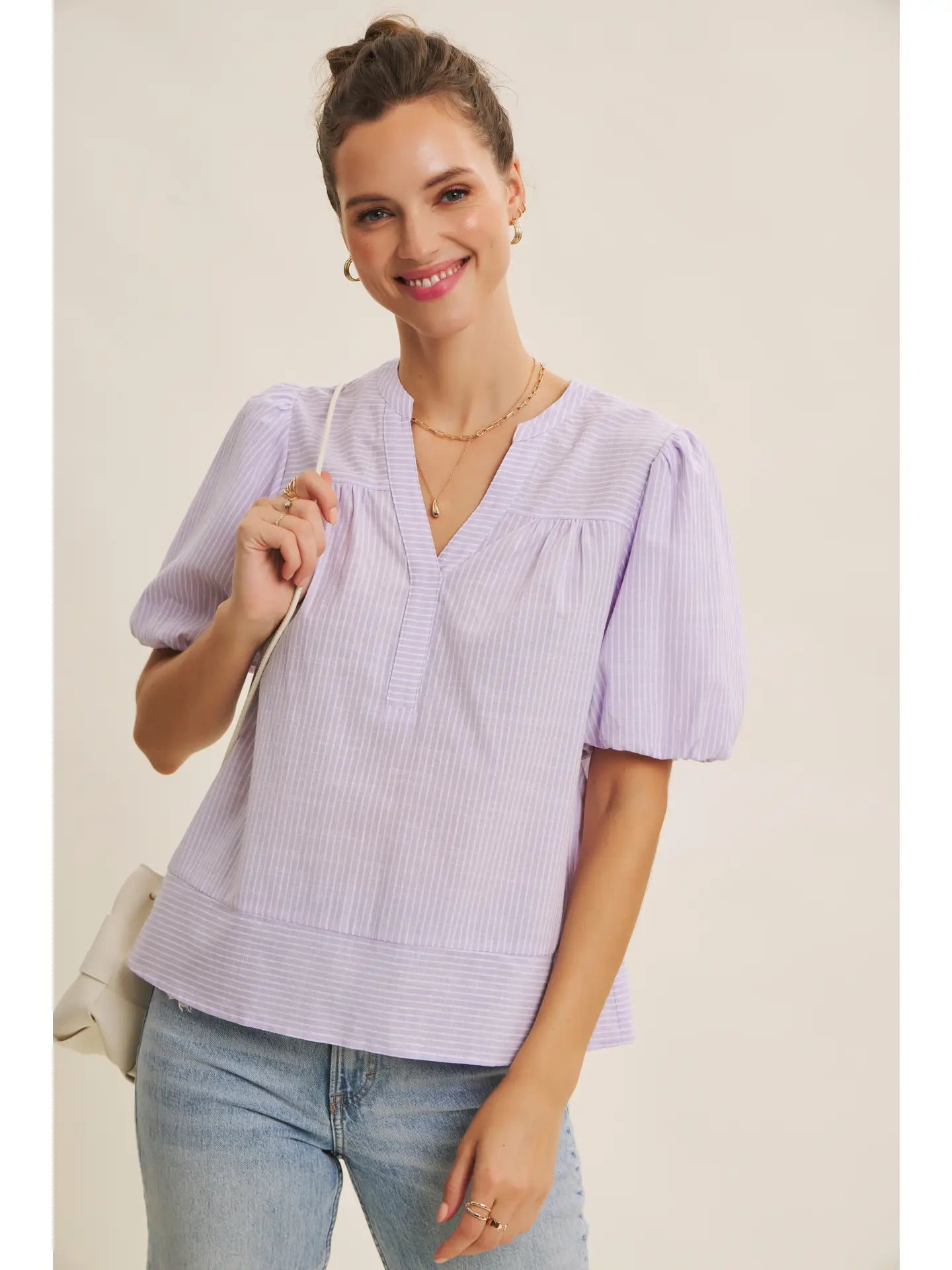 Lavender Stripe Blouse with Bubble Sleeves