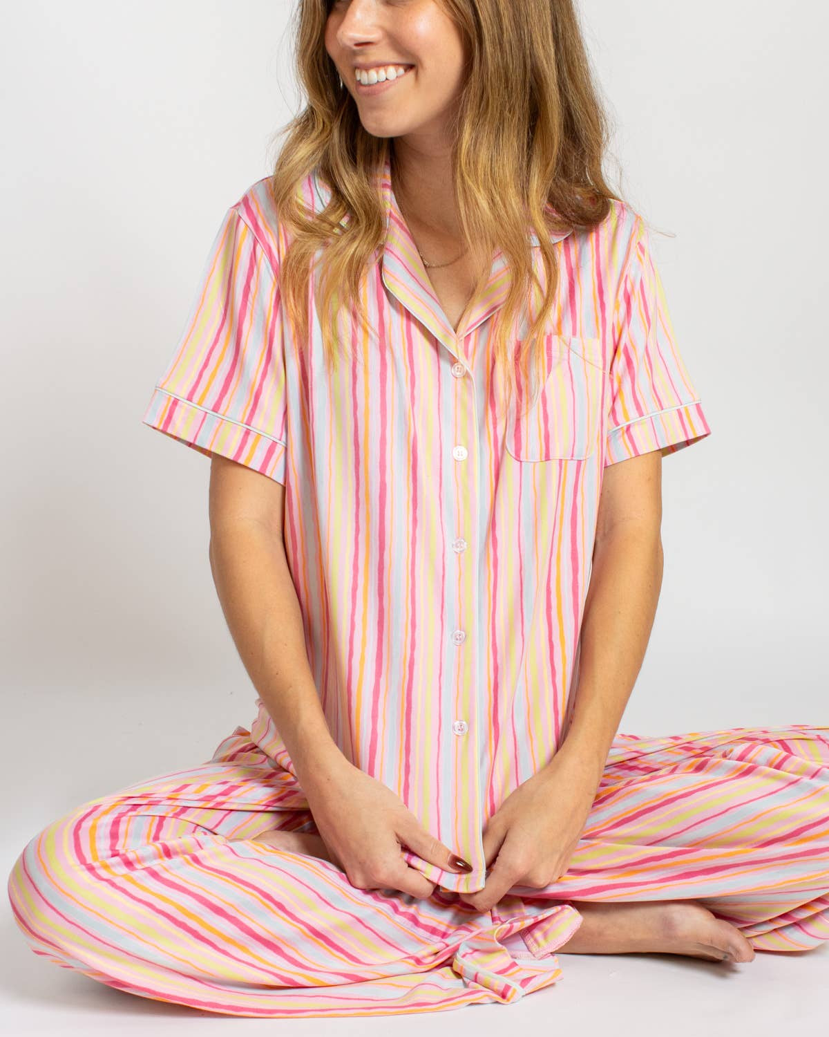 Addie Stripe Short Sleeve Button Up Sleep Shirt Pink/Multi -Asst.