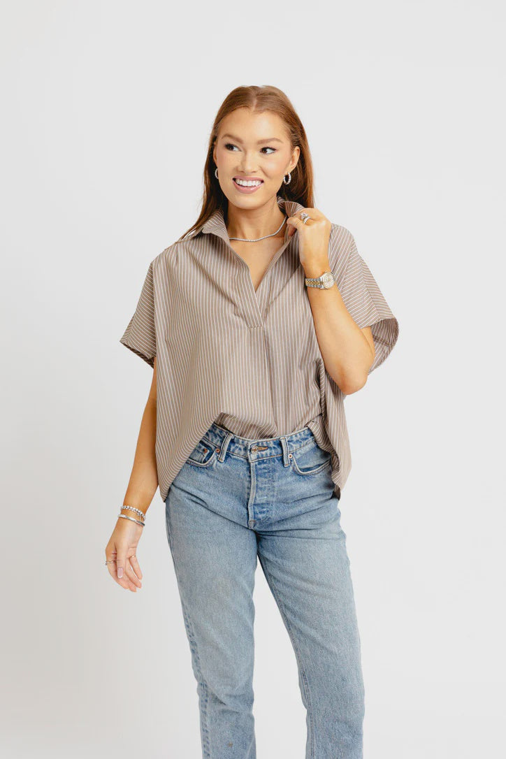 Stripe Vneck Collar Signature Top Brown