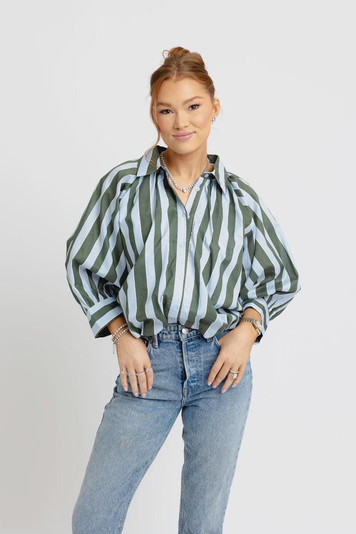 Stripe Collar Bubble 3/4 Slv Top
