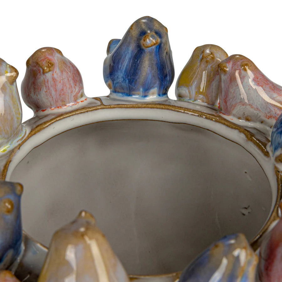 Stoneware Planter w/ 3D Birds on Rim, Reactive Glaze