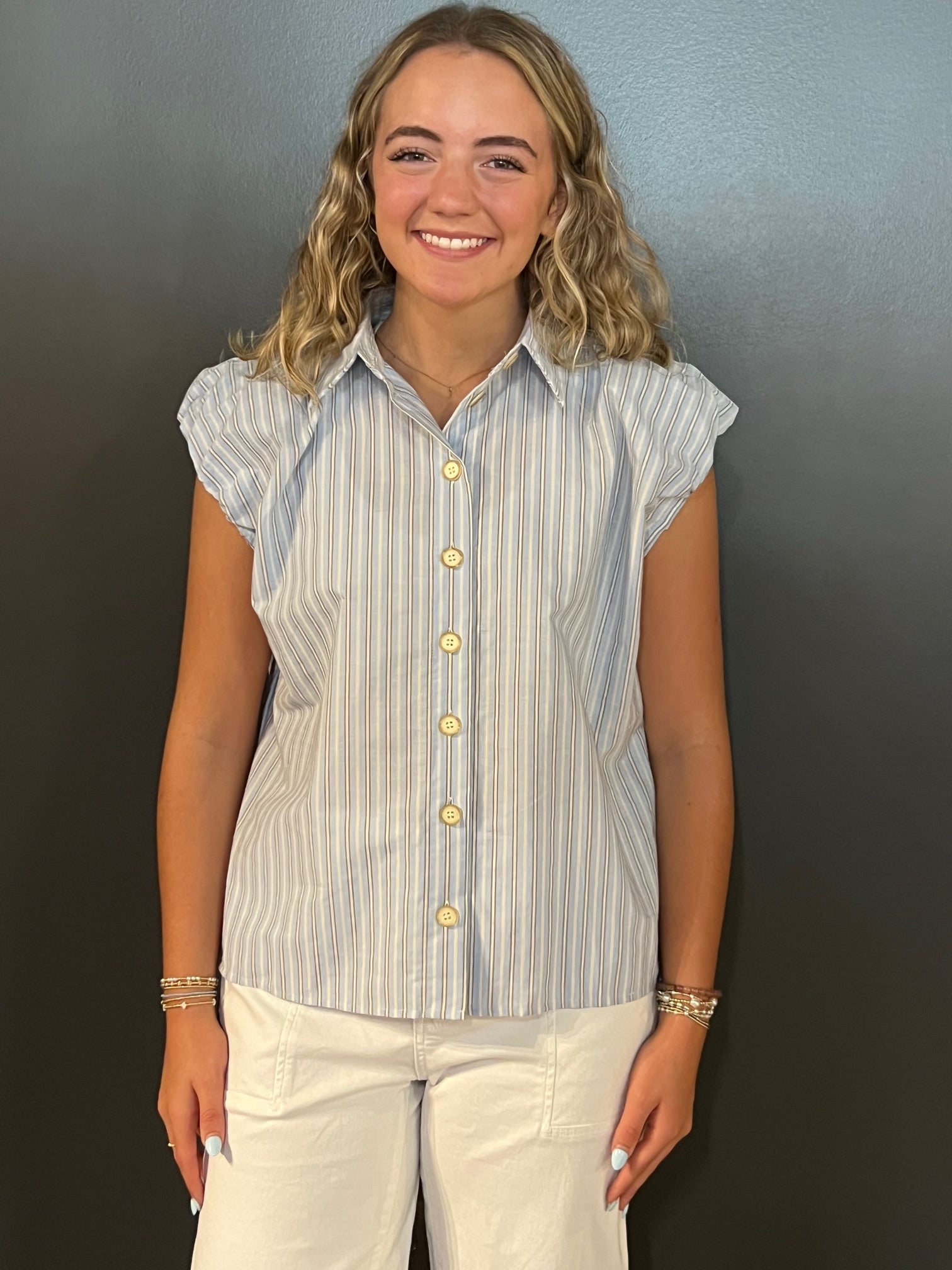 Stripe Bubble Slv Button Up Top