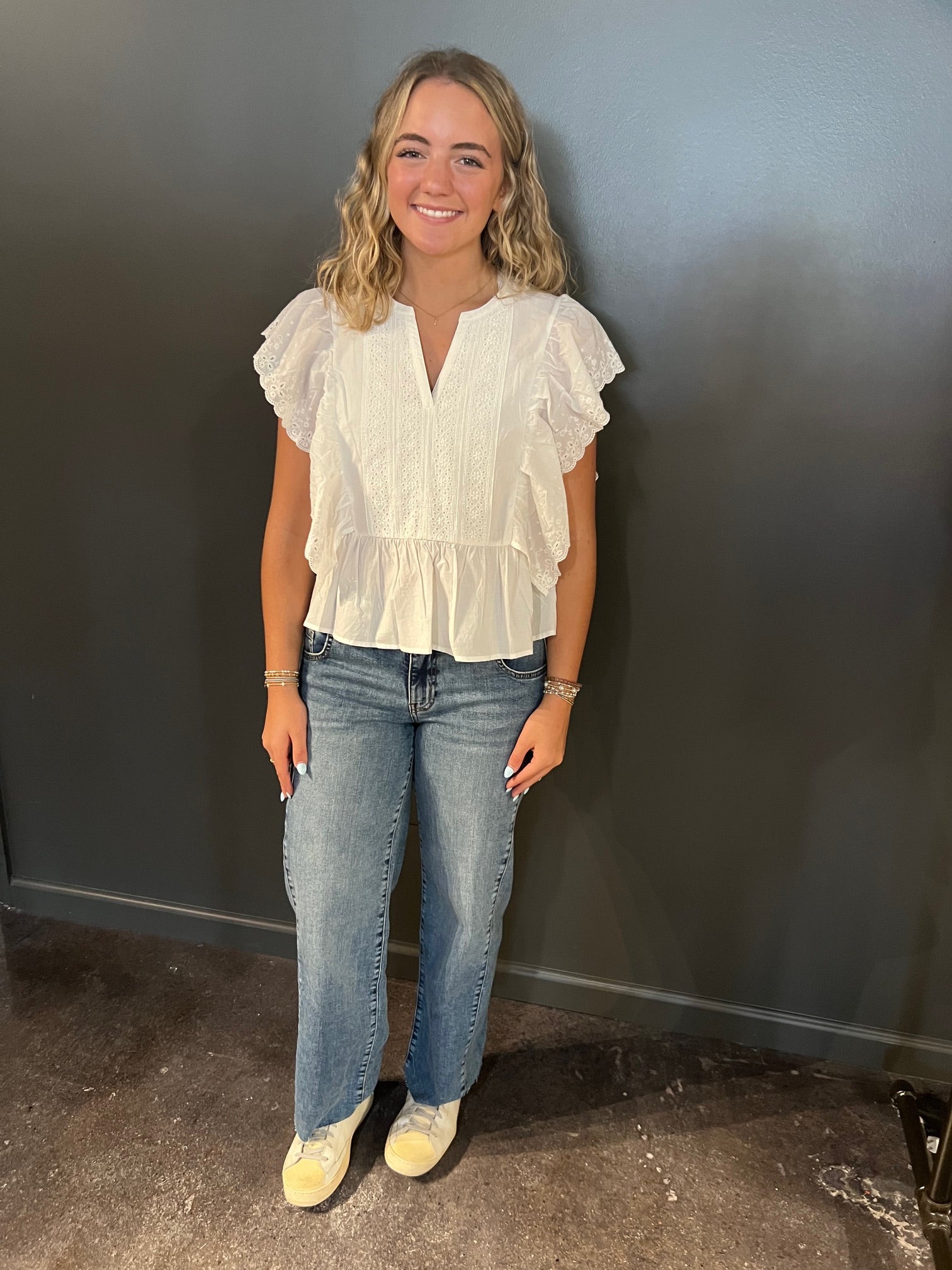 Off White Eyelet Ruffled Blouse