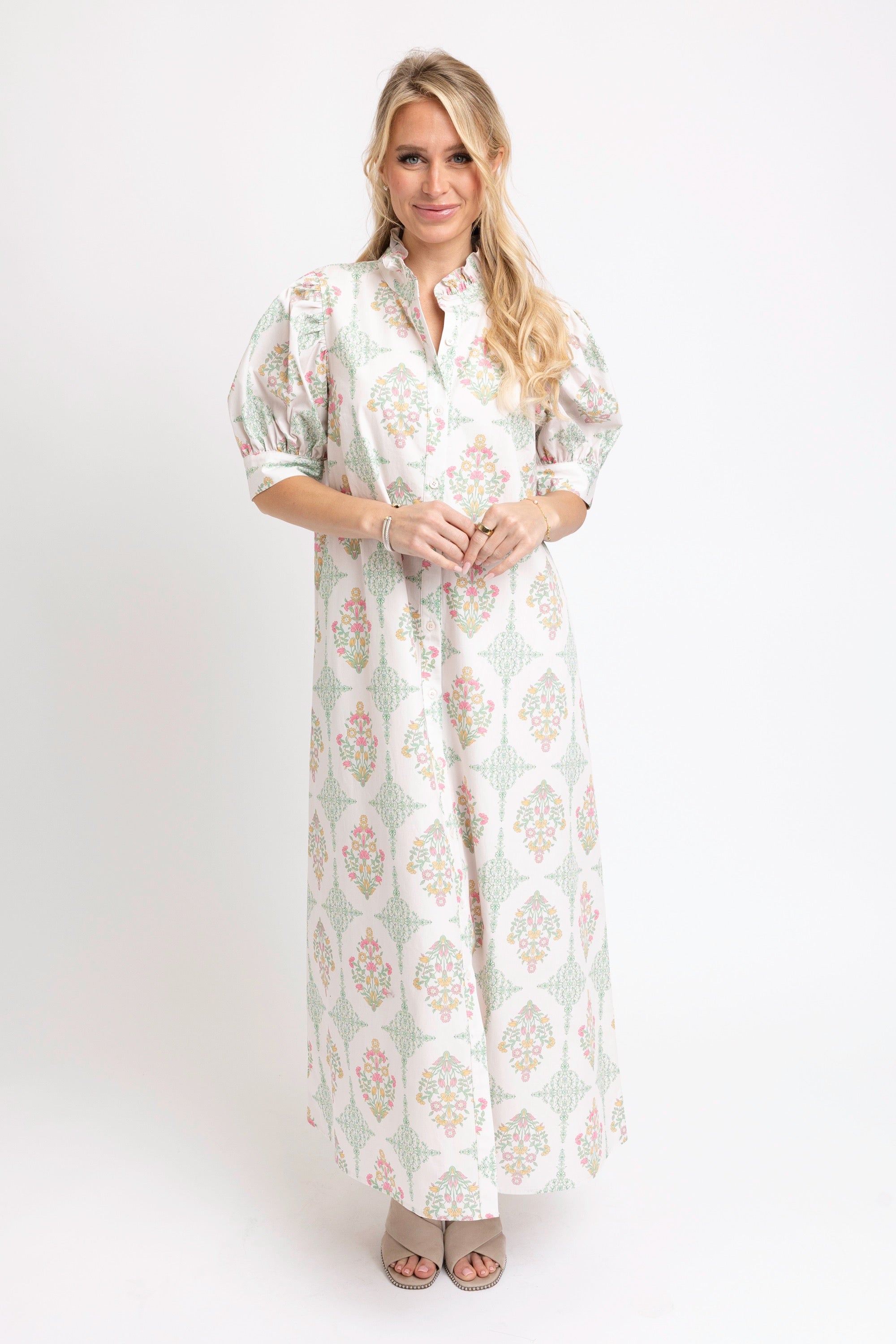Vintage Floral Ruffle Neck Shirt Dress Maxi