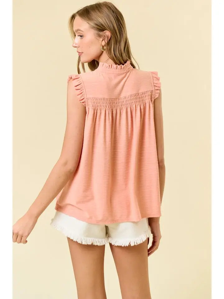 Texture Knit Ruffle Collar Split V-Neck Smocked Yoke