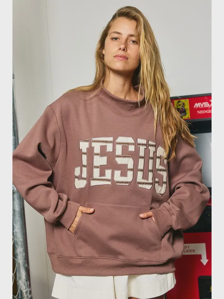 Bucket List Jesus Embroidered Mock Neck Sweatshirt