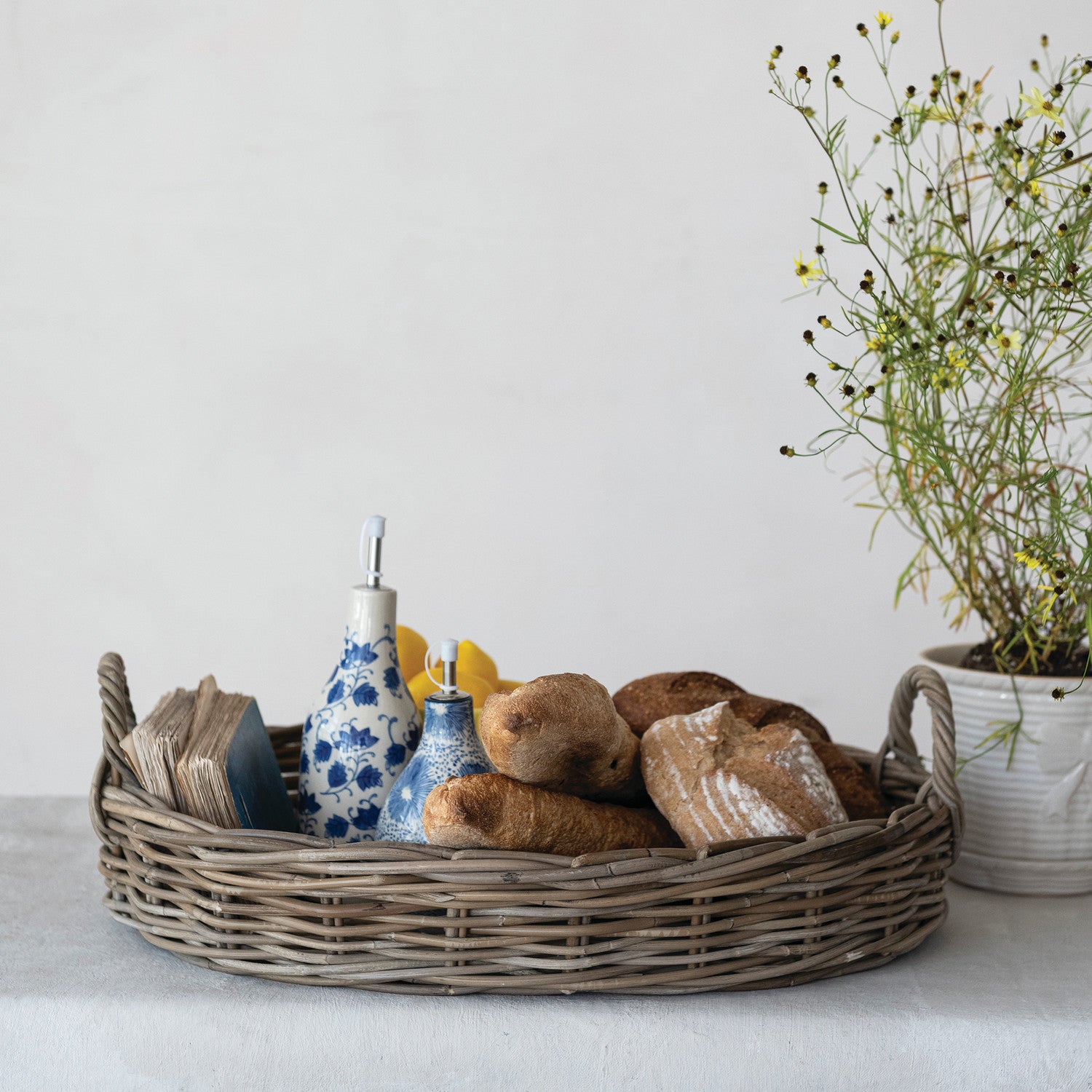Decorative Hand-Woven Rattan Tray with Handles, Grey Washed