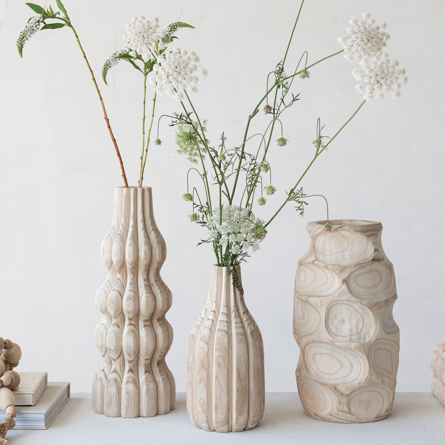 Decorative Carved Paulownia Wood Vase, Natural