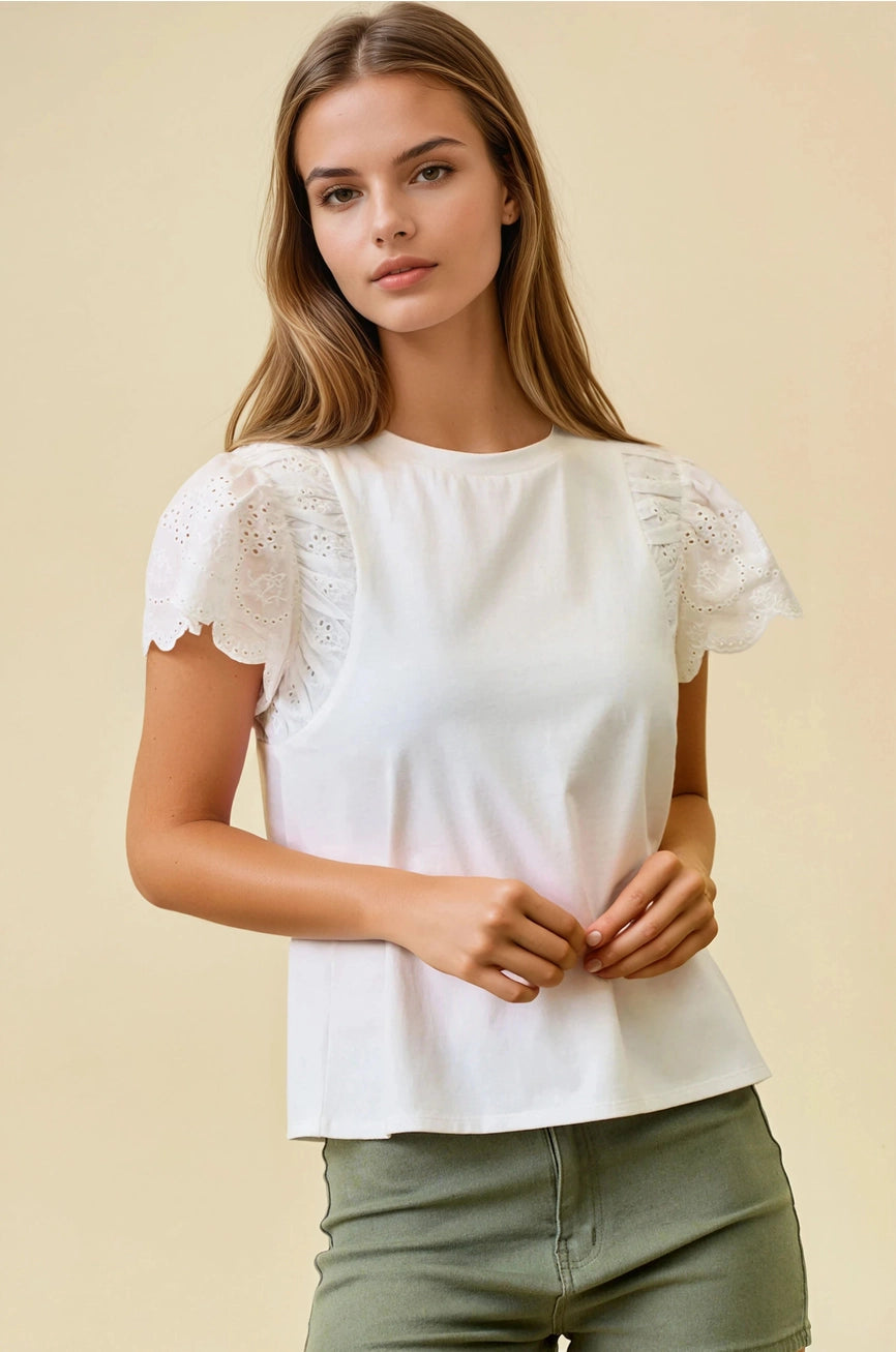 Ruffled Eyelet Short Sleeves Top