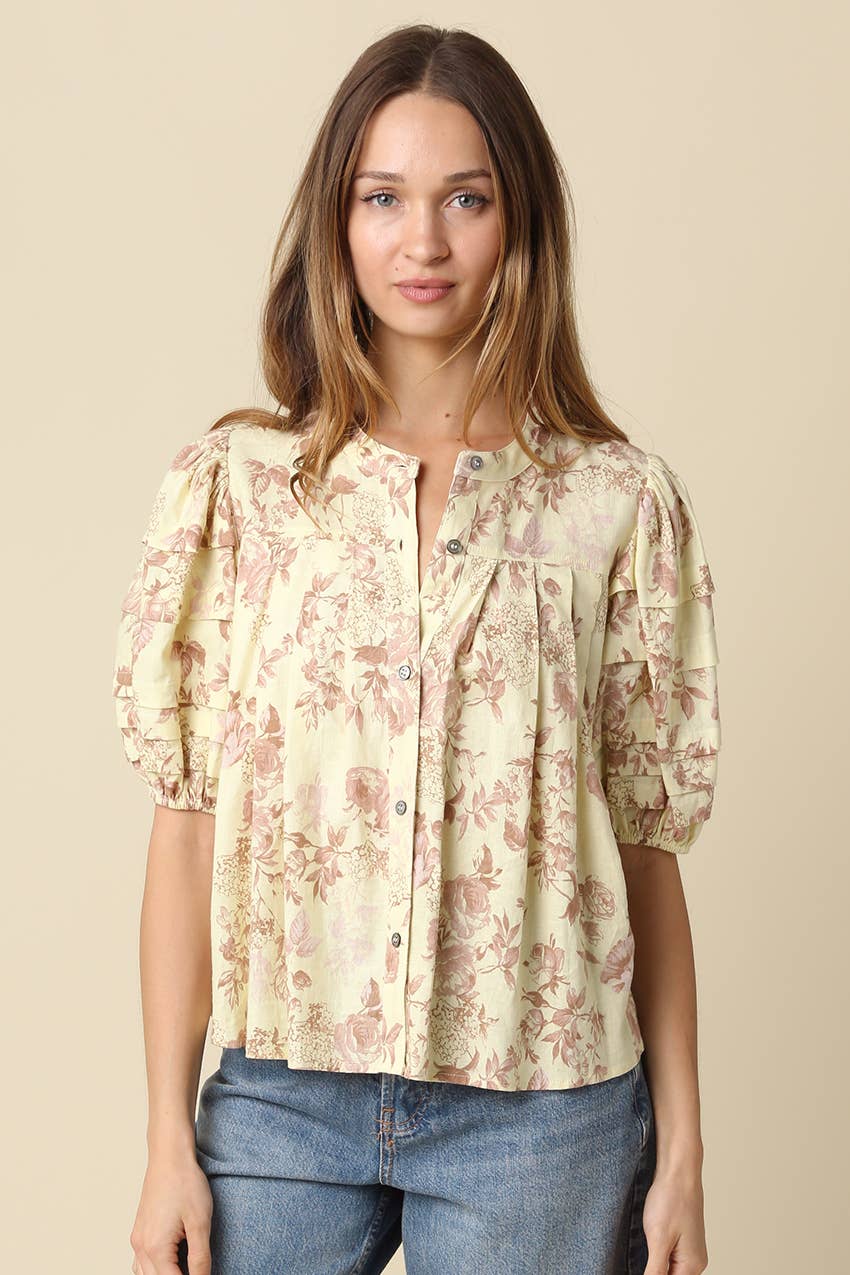 Alina Floral Puff-Sleeve Top: Pale Yellow / Contemporary