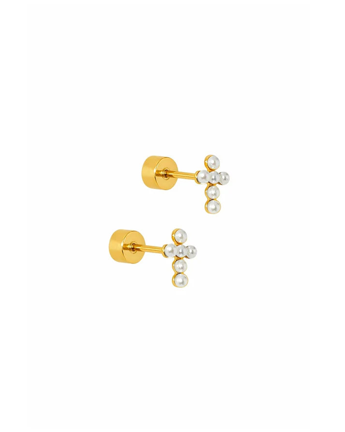 Screwback Stud Earrings- Clara Cross Pearl