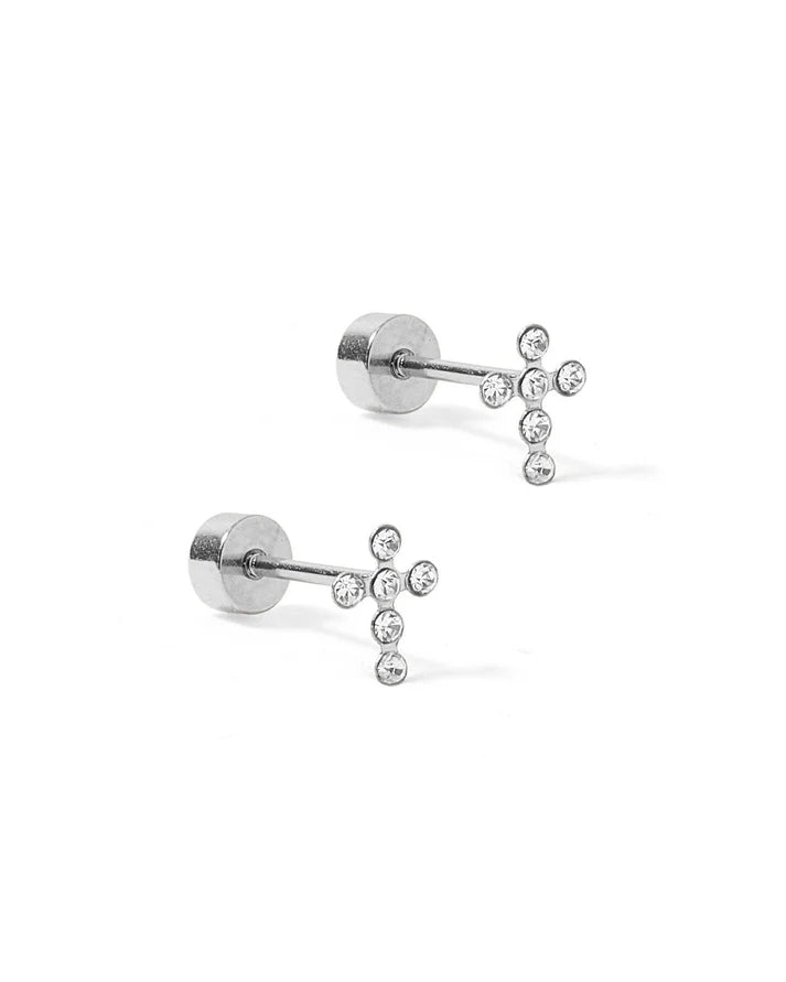 Screwback Stud Earrings- Clara Cross Silver Sparkle