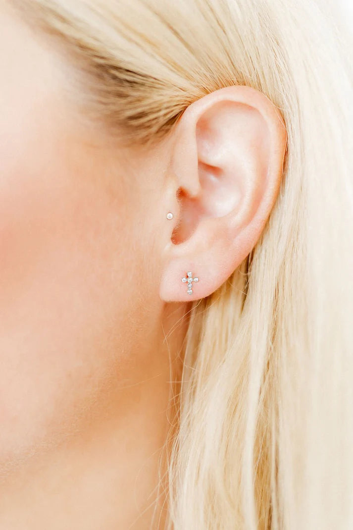 Screwback Stud Earrings- Clara Cross Silver Sparkle