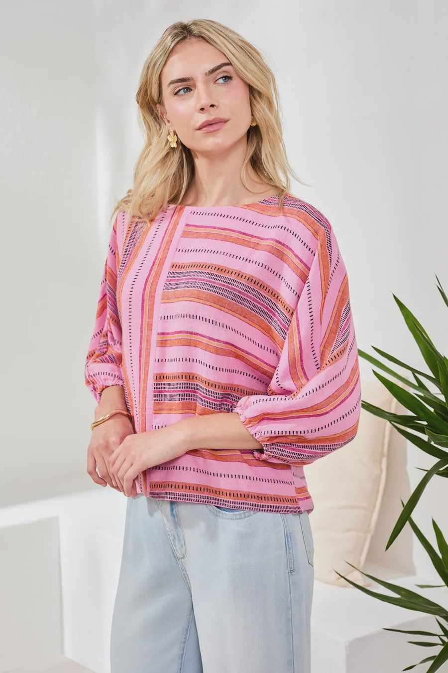 Linen Boat Neck Blouse With Dolman Sleeves