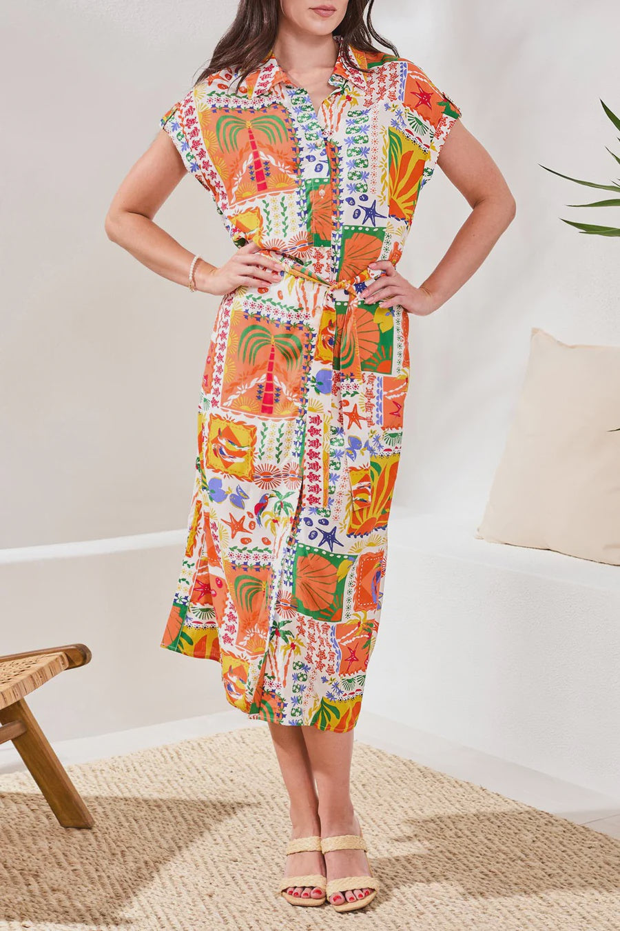 Crosshatch Button-Front Belted Midi Dress