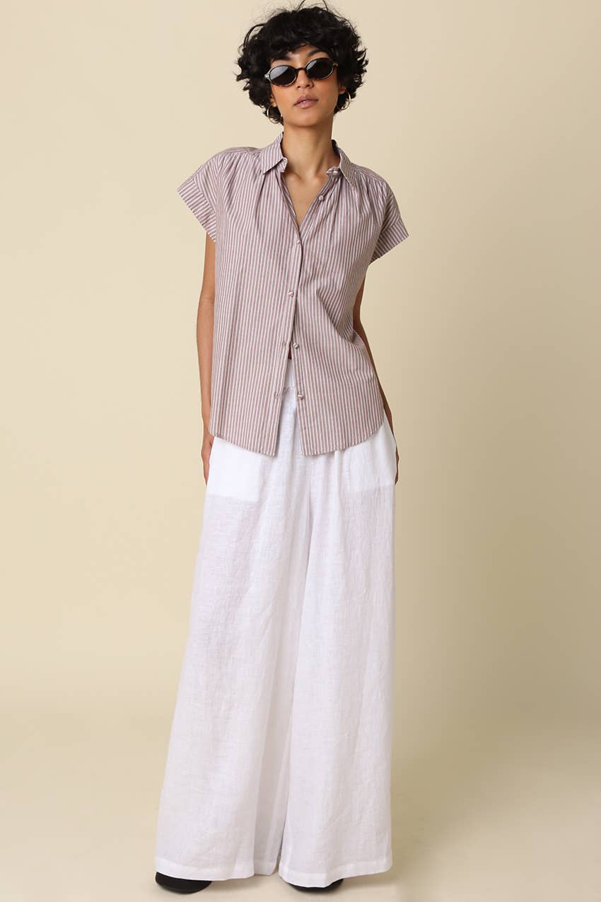 Brielle Striped Flutter Sleeve Blouse: Brown / Contemporary