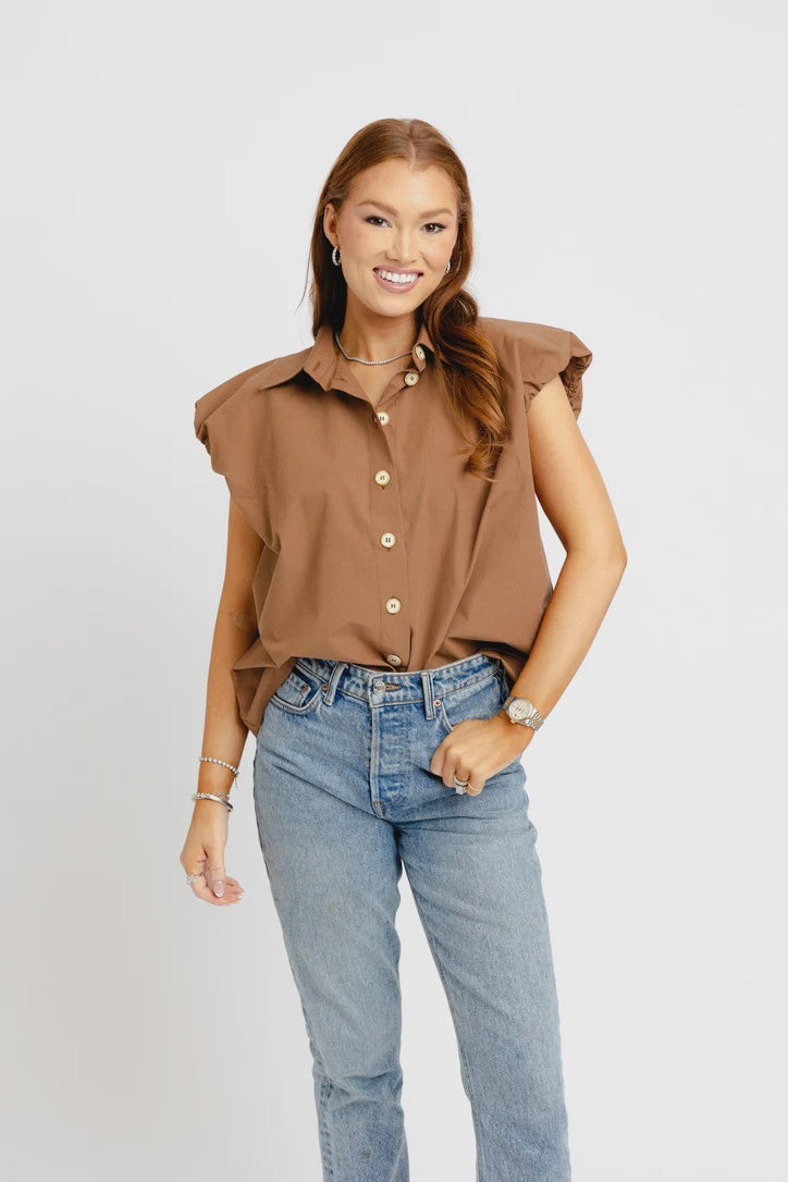 SOLID POPLIN BUBBLE SLV BUTTON TOP
