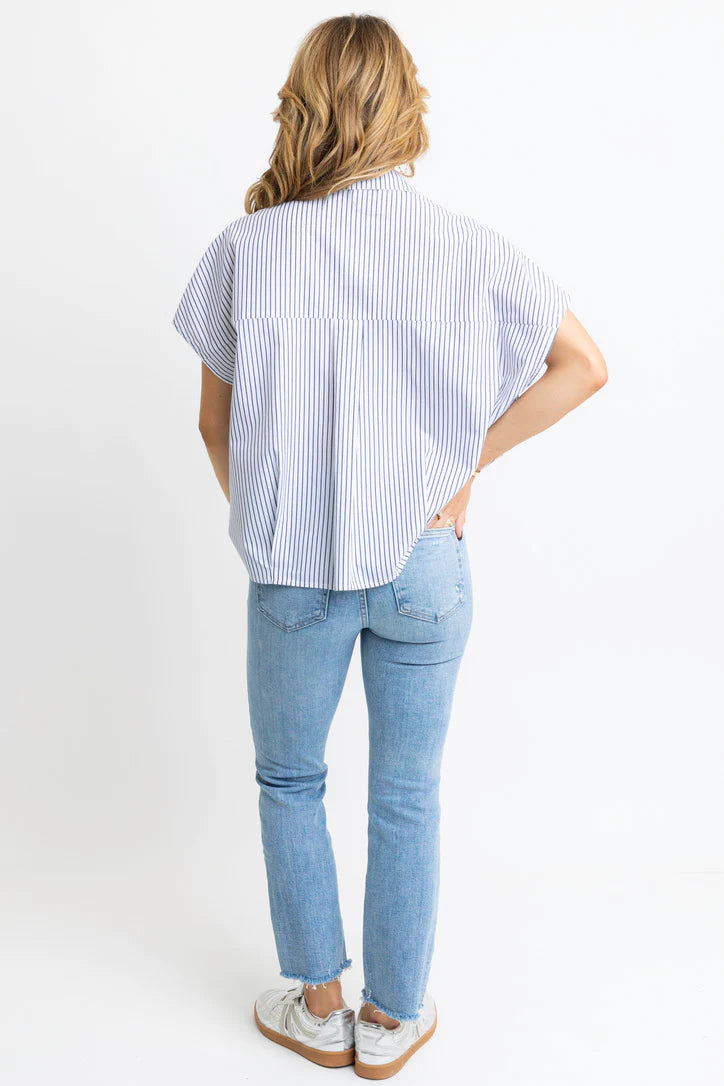 Stripe Poplin VNeck Collar Top