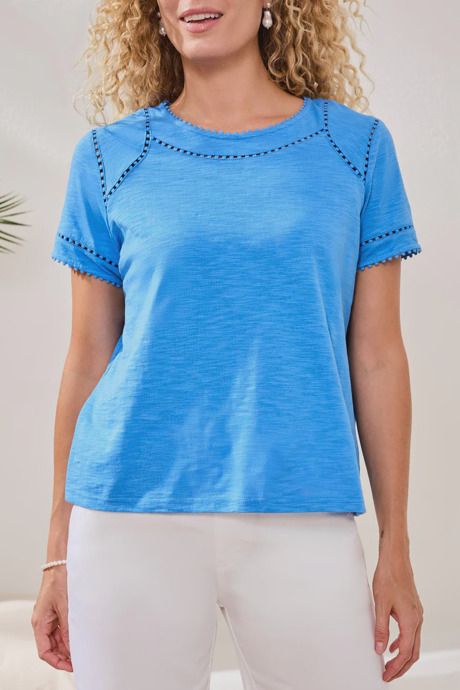 Cotton Slub Short Sleeve Top With Lace Detail
