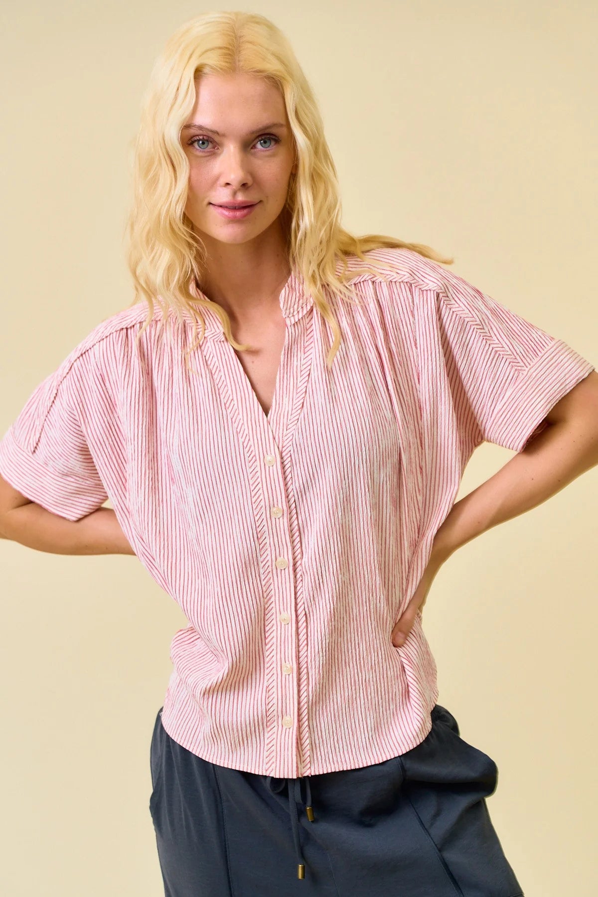 Striped Button Down Shirring & Raw Edge Oversized