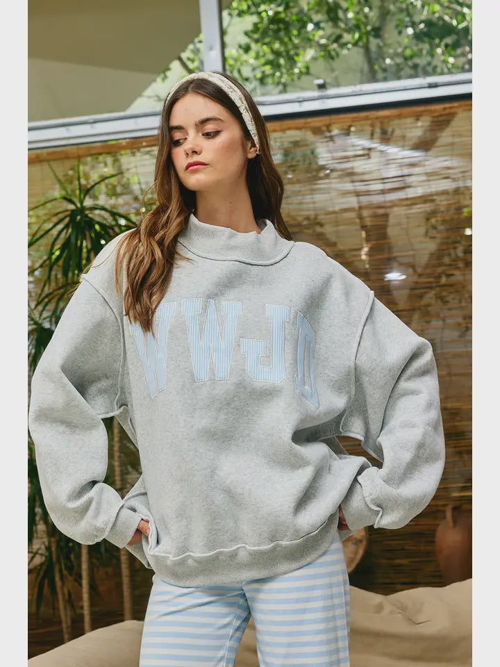 BucketList  Stripe Embroidered "WWJD" Sweatshirt