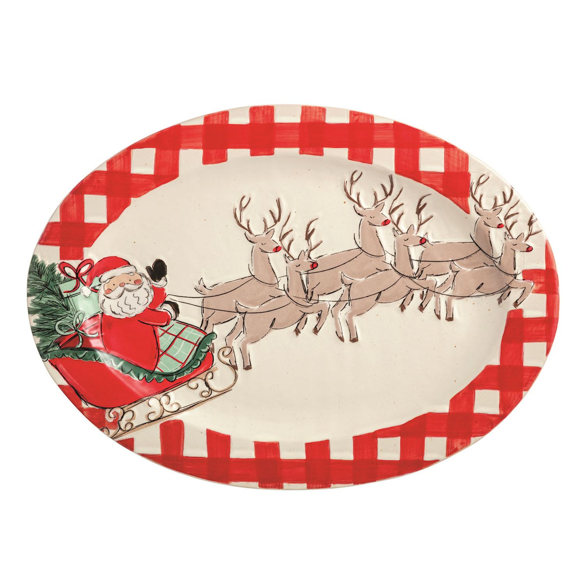 Santa Sleigh Gingham Platter