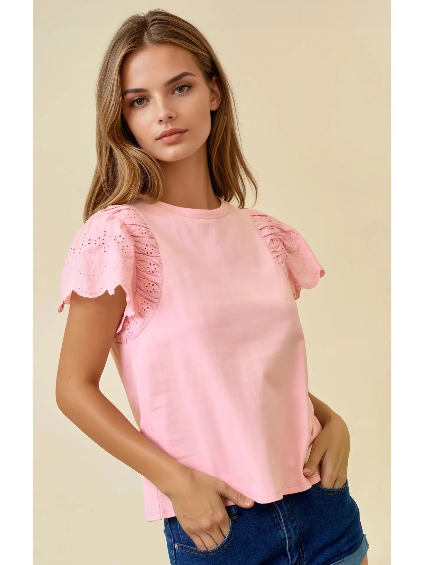 Ruffled Eyelet Short Sleeves Top