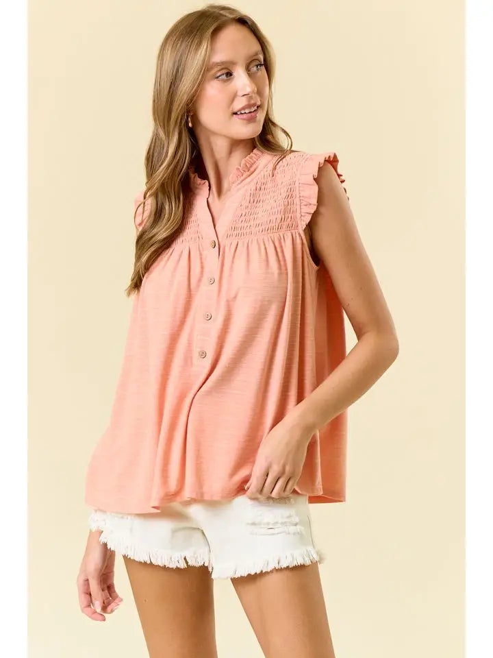 Texture Knit Ruffle Collar Split V-Neck Smocked Yoke