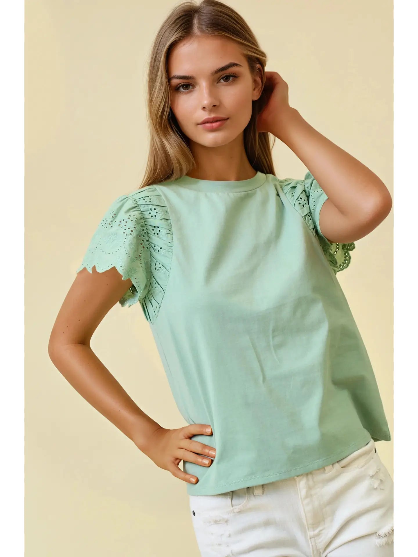 Ruffled Eyelet Short Sleeves Top