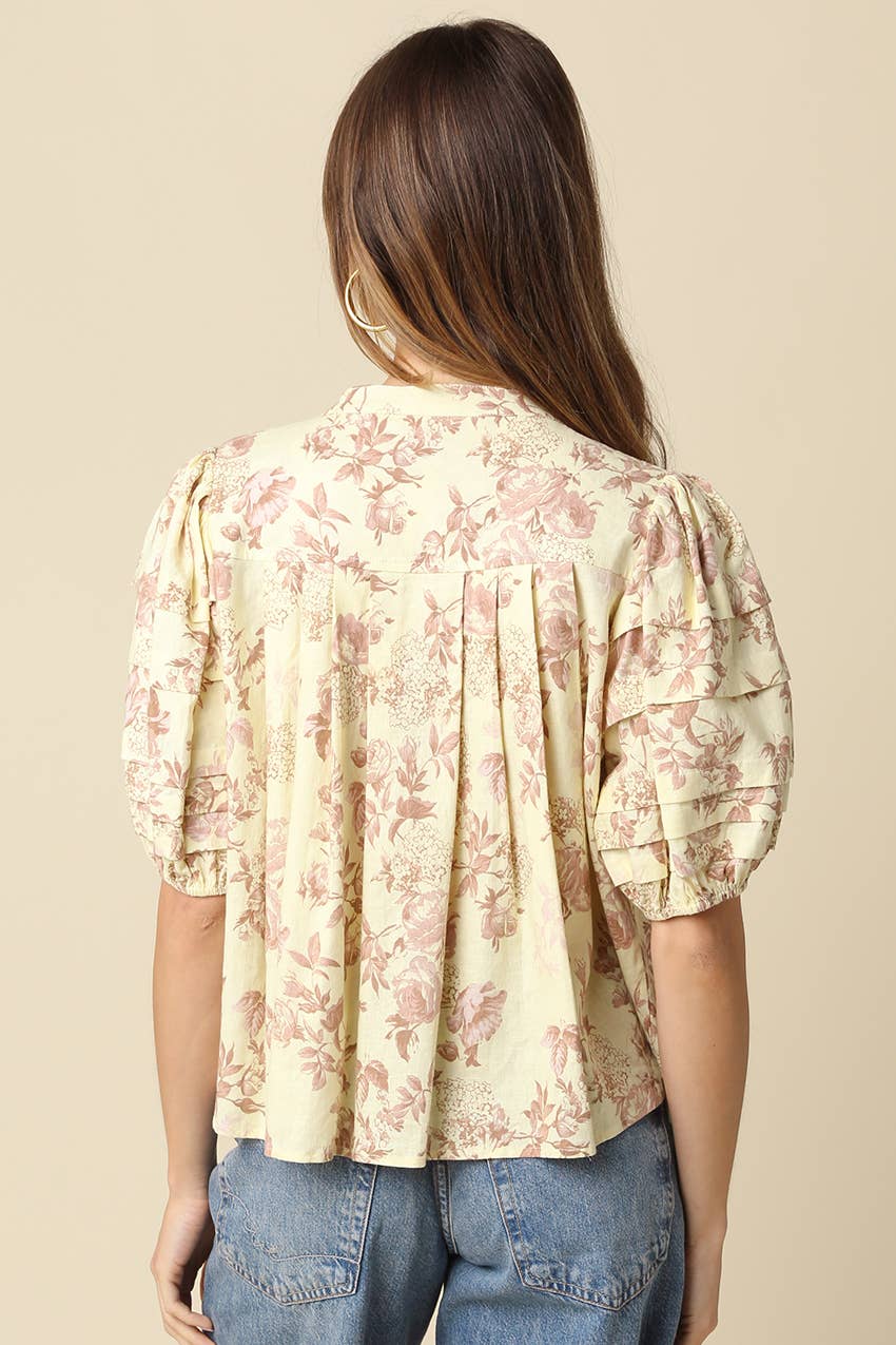 Alina Floral Puff-Sleeve Top: Pale Yellow / Contemporary