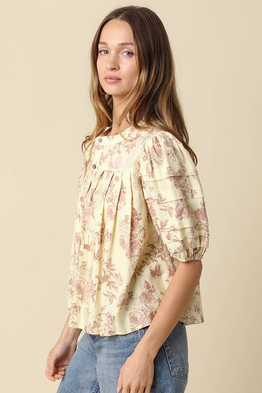 Alina Floral Puff-Sleeve Top: Pale Yellow / Contemporary