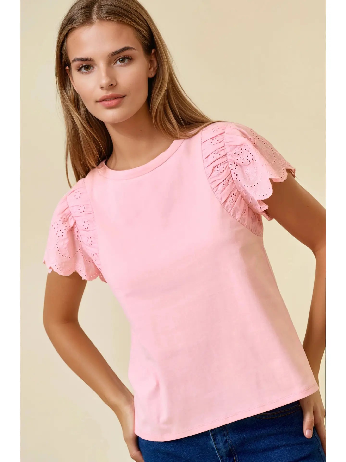 Ruffled Eyelet Short Sleeves Top