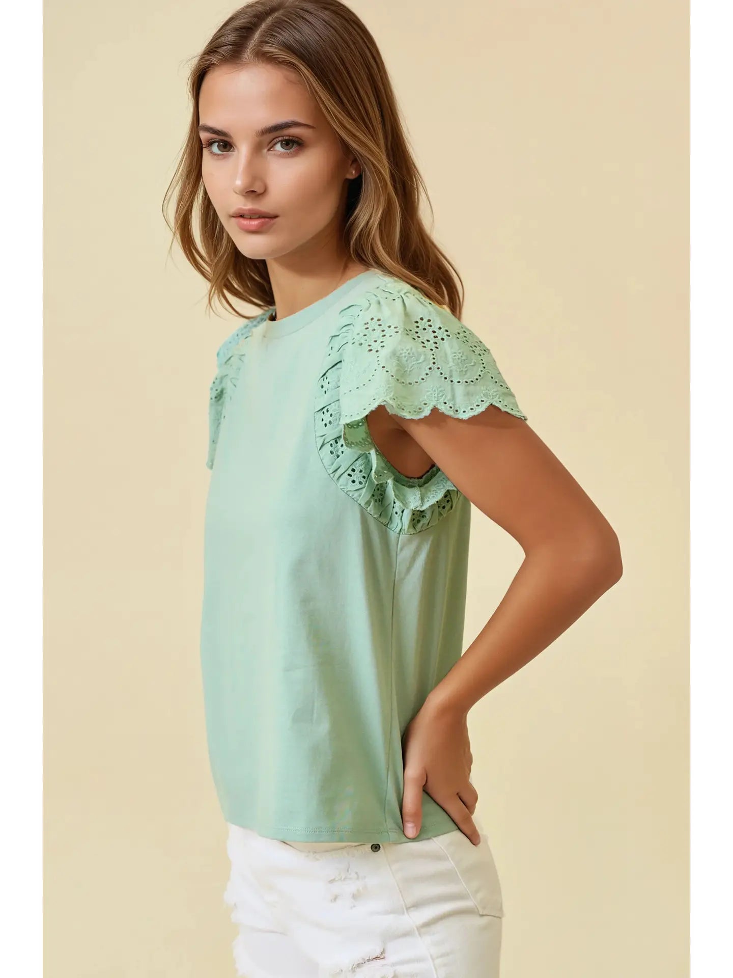 Ruffled Eyelet Short Sleeves Top
