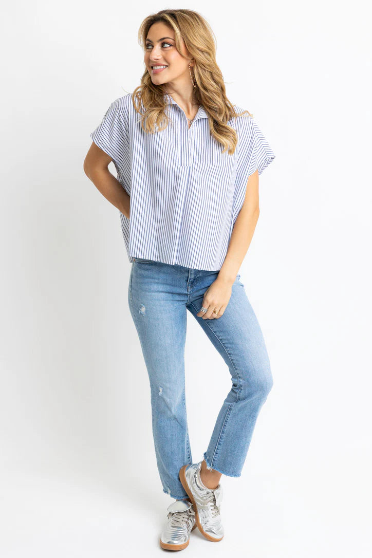Stripe Poplin VNeck Collar Top