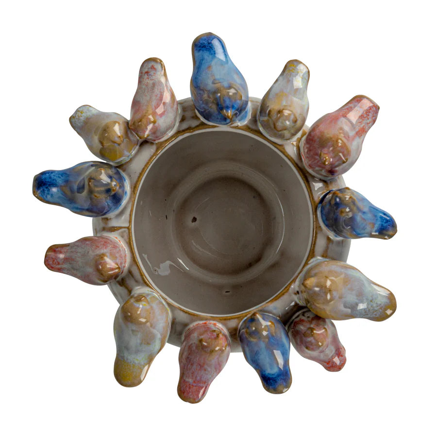 Stoneware Planter w/ 3D Birds on Rim, Reactive Glaze